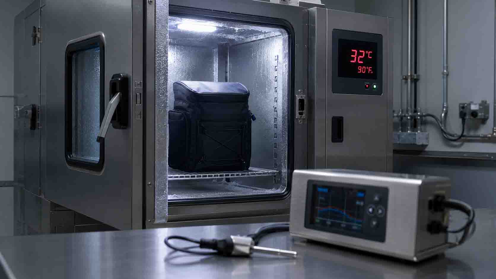 Climate-controlled environmental test chamber set to 32°C (90°F) with a TPU soft cooler backpack inside during ice retention testing; digital temperature display and data logger visible in a QC laboratory setting.