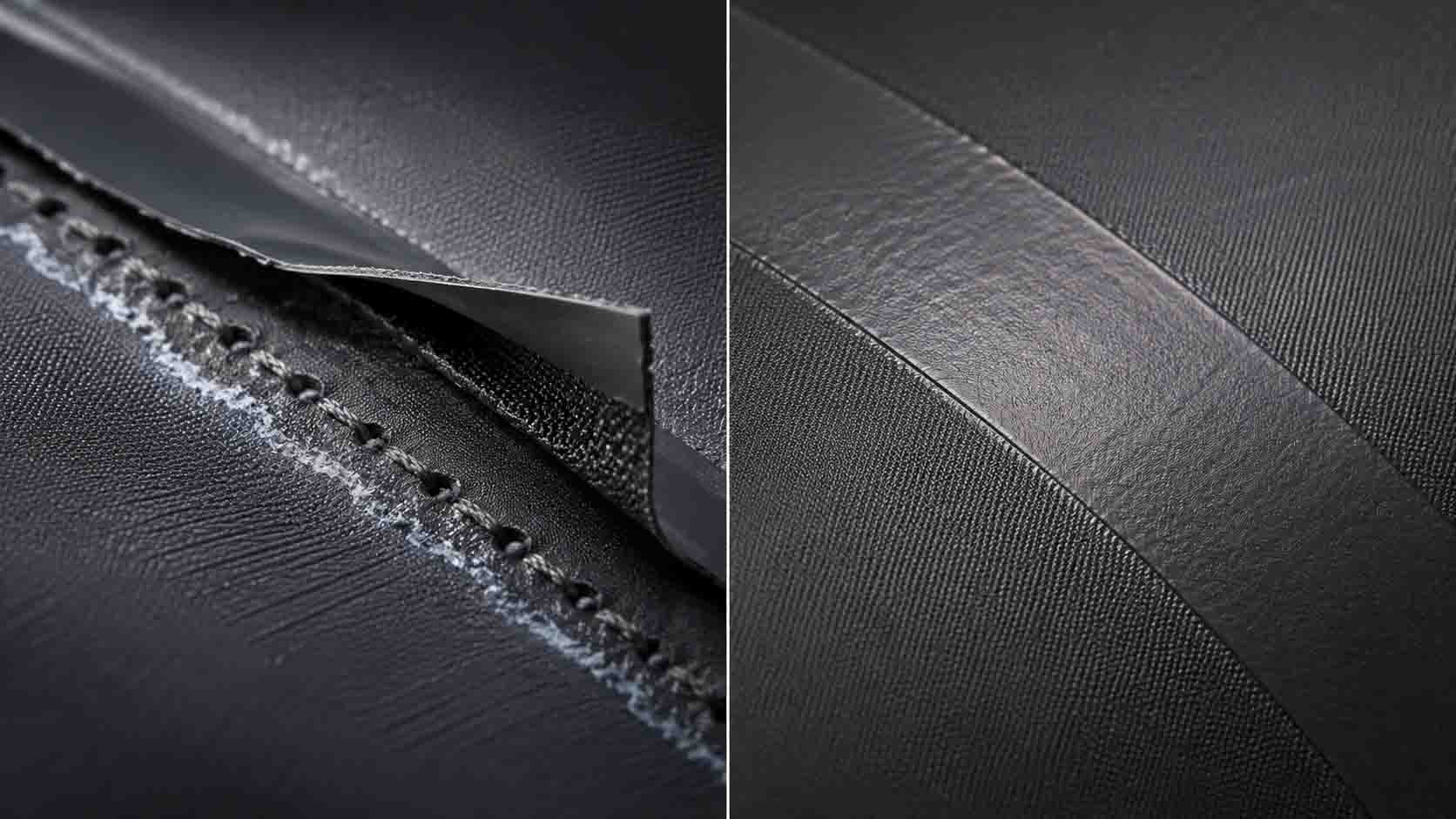 Macro comparison of stitched versus HF welded TPU seams: left panel shows needle holes and delaminating seam tape on a traditional stitched cooler seam; right panel shows a clean, flush high-frequency welded seam with no perforations or tape.