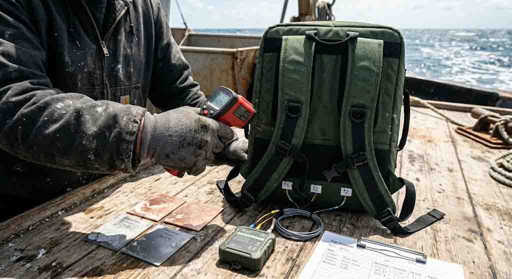Field test setup displaying an infrared thermometer measuring the external surface temperature profile of an insulated soft cooler backpack on an open boat deck under bright sunlight