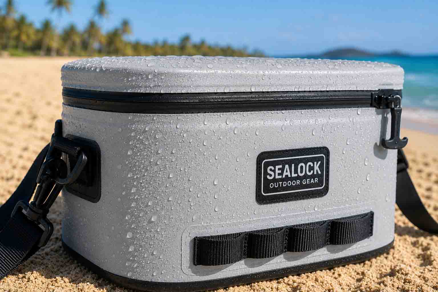 A close-up view of water droplets forming on the exterior TPU shell of a soft cooler bag sitting on a hot sandy beach, demonstrating natural temperature condensation