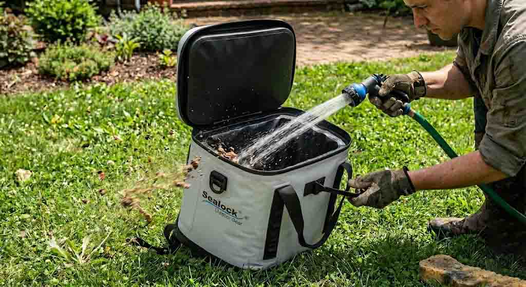 A person rinsing out the interior white liner of a blue soft cooler backpack with a garden hose on a grass lawn, spraying away dirt and organic residue