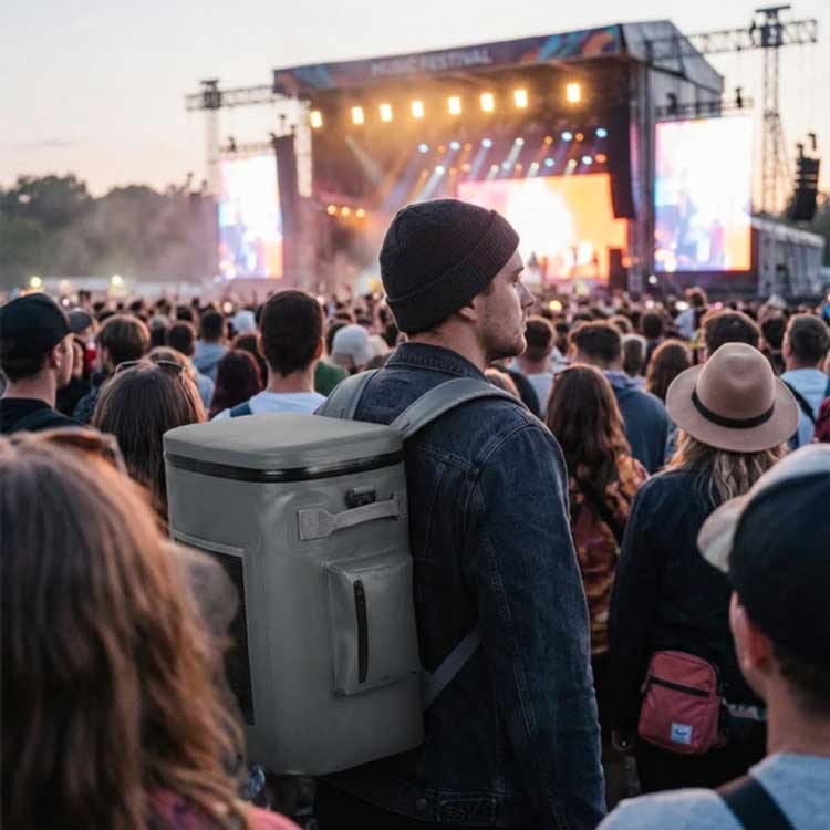 insulated cooler backpack worn through a festival crowd with padded ergonomic straps