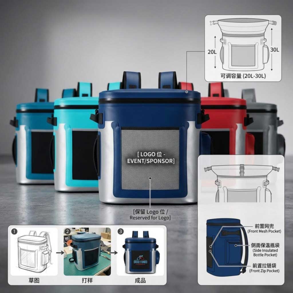 OEM event cooler backpacks in sponsor colors with custom capacity and logo panel