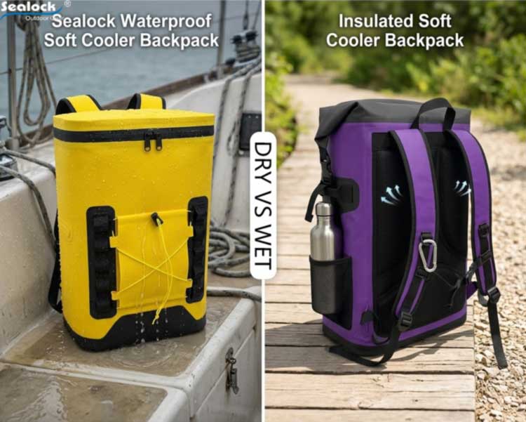 waterproof welded cooler backpack on a wet deck beside a standard zippered cooler backpack on a dry trail