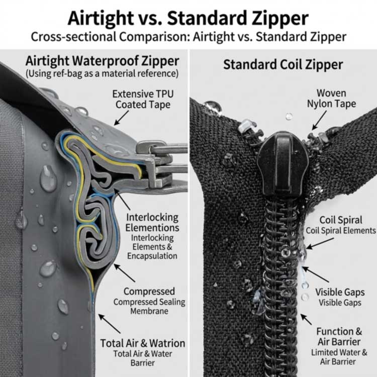 cross-section comparison of a standard coil zipper versus a welded airtight waterproof zipper on a cooler