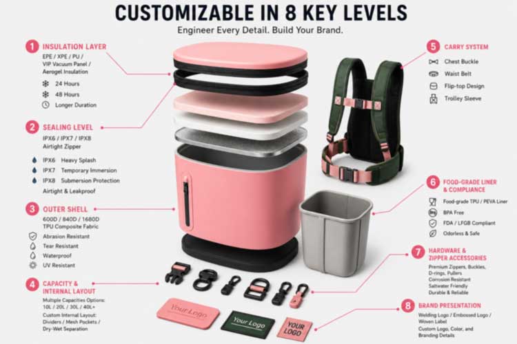 exploded view of an OEM soft cooler backpack showing customizable insulation, seal level, shell, harness, liner and hardware layers