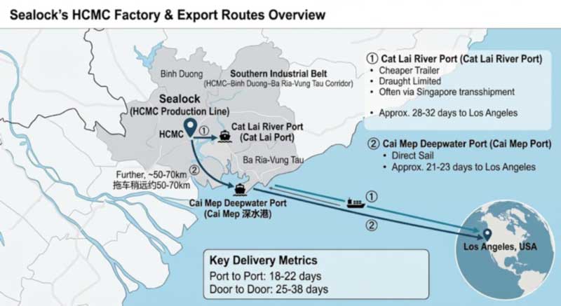 map of Sealock Ho Chi Minh City cooler production line and its two export routes via Cat Lai and Cai Mep ports to the US map of Sealock Ho Chi Minh City cooler production line and its two export routes via Cat Lai and Cai Mep ports to the US