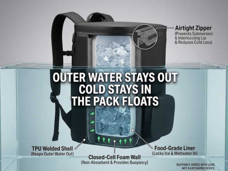 cross-section of a loaded waterproof insulated backpack partly submerged showing welded shell, closed-cell wall, liner and airtight seal with buoyancy